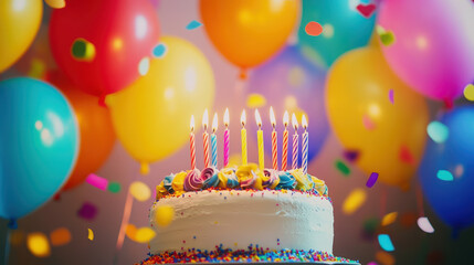 A festive birthday cake with candles, surrounded by colorful balloons and confetti.