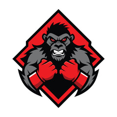 Fototapeta premium A fierce boxing gorilla mascot logo featuring a muscular ape with red gloves in a dynamic pose. Perfect for sports teams, fitness brands, and competitions