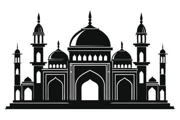 Black Intricate Mosque Silhouette with Dome, Minarets 