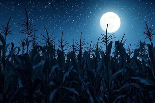 A moonlit cornfield, the stalks casting shadows under a star-filled sky. - Powered by Adobe