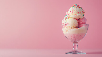 Assorted colorful ice cream scoops elegantly served in a glass dessert bowl against a soft pink background, perfect for banners, advertising photography, and copy space