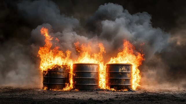 inferno of industrial drums engulfing the scene with intense heat and smoke showcasing environmental issues and hazardous consequences