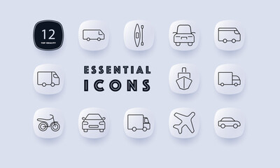 Transport set icon. Truck, kayak, car, cargo, ship, airplane, van, delivery, ride, travel, motorcycle, road, vehicle, marine, aviation, movement, mode, wheels, logistic, navigation