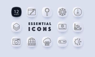 Fototapeta premium Web set icon. Edit, search, gear, download, layers, play, wifi, check, globe, servers, bar, www, cloud, network, interface, data, system, process, control, design