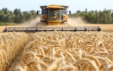 Combine Harvester Harvesting Golden Wheat Field