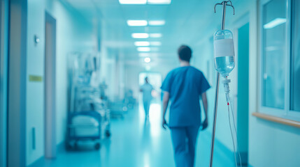 Healthcare Professional Walking in Hospital Corridor with IV Stand in Focus Background