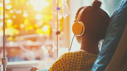 Young person wearing headphones enjoying music while sitting in a hospital room with sunlight