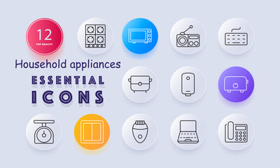 Household appliances set icon. Gas stove, microwave, radio, keyboard, cooking pot, boiler, toaster, kitchen scale, window shutter, epilator, notebook, office phone