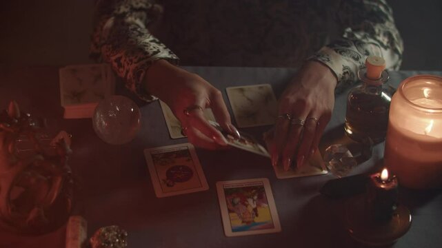Tarot Reader Analyzes Arcana Cards, candle light