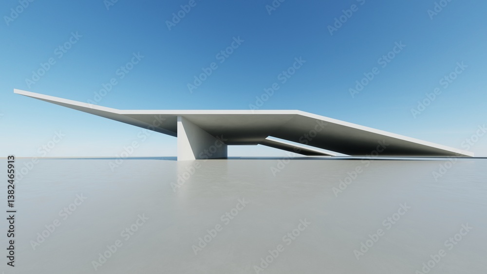 Fototapete 3d render of abstract modern curve architecture with empty cement floor, minimal exterior, car prese