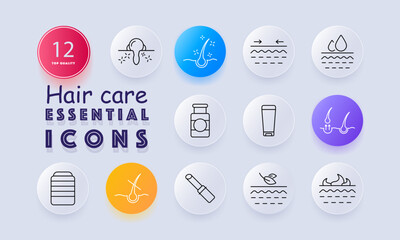 Hair care set icon. Includes scalp cleaning, hydration, follicles, oil drops, conditioner bottle, hair root diagram, cosmetic tube, natural leaves, and serum wand