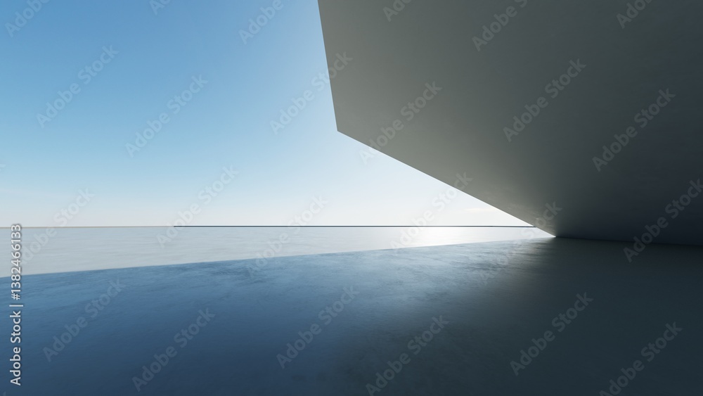 Poster 3d render of abstract modern curve architecture with empty cement floor, minimal exterior, car presentation background