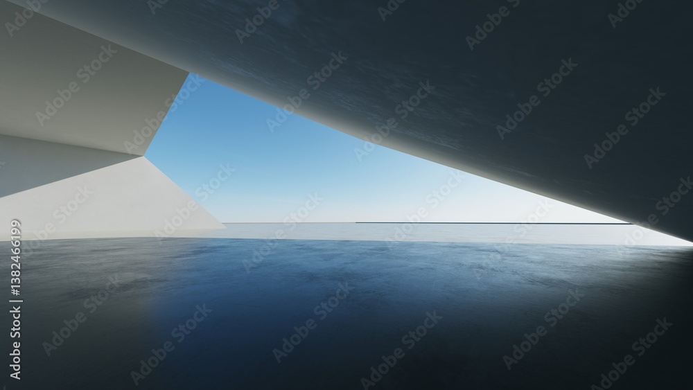 Aufkleber 3d render of abstract modern curve architecture with empty cement floor, minimal exterior, car presentation background