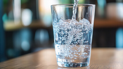 A glass filled with sparkling water being poured, capturing refreshment and hydration.