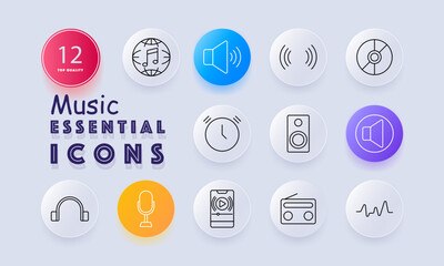 Music set icon. Includes globe music, disc, speaker, headphones, clock, microphone, radio, waveform, sound waves, volume icon in various forms