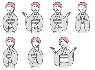 Fototapeta premium 着物を着た若い女性のベクターイラストセット