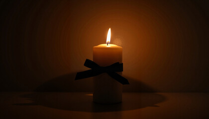 Candle with black ribbon glowing in dark room, mourning symbolism