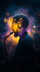 A musician plays the saxophone against a cityscape backdrop with music notes Cosmic dust adds a surreal quality to the