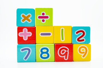 Number wood block cubes for learning Mathematic, education math.