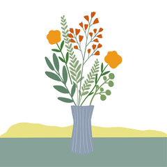 Minimalist flower vase arrangement. Hnad drawing vector illustration in Flat Style.