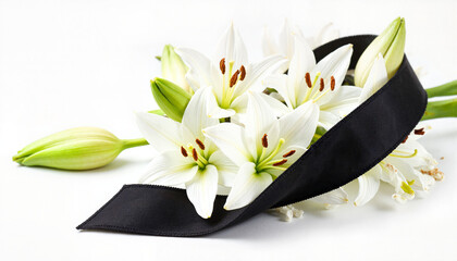 Elegant white lilies with black mourning ribbon, symbolism of loss