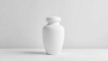 Modern minimalist white urn on neutral background, memorial symbol