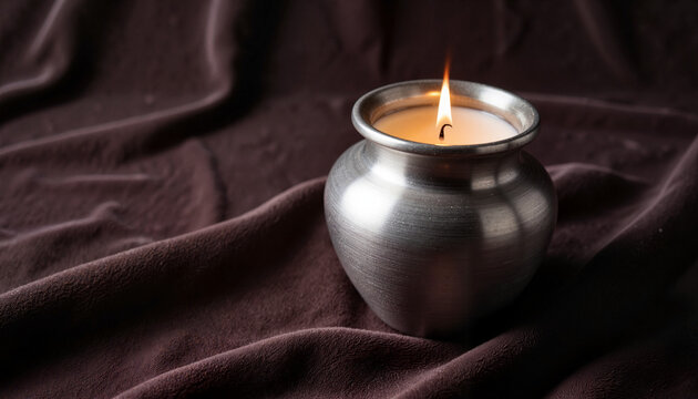 Elegant silver urn with candlelight on velvet cloth, remembrance concept