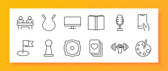 Education set icon. Line icons of students, magnet, monitor, book, microphone, phone, flag, pawn, seal, cards, dumbbell, palette on white background related to learning, creativity, activity, objects