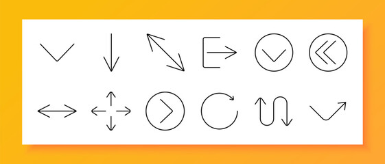 Arrows and direction set icon. Chevron, downward arrow, diagonal arrow, right arrow, down check, left chevron, move arrows, circular rotation, up arrow, vertical curve, upward check