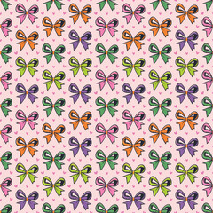 A seamless vector pattern featuring colorful bows in green, orange, pink, and purple on a light pink background, ideal for textiles.  
