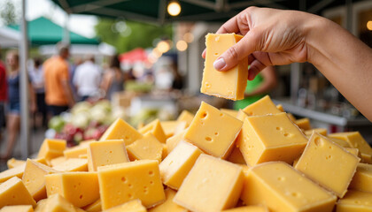 Person sampling artisan cheese at farmers market, local experience