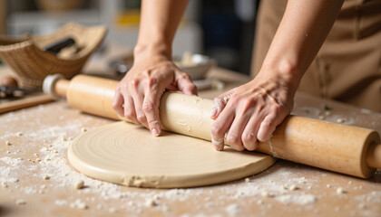 Hands skillfully rolling clay for ceramics in artisan studio, creativity