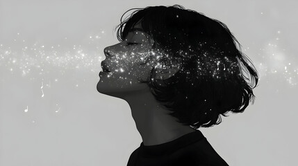 A woman in profile is expelling starlight and musical notes into the void depicted in black and white
