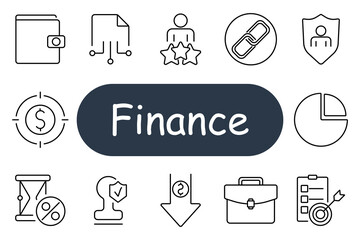 Finance set icon. Wallet, network, user, chain, shield, currency, pie, time, certificate, arrow, briefcase, target, finance, rating, budget, protection.