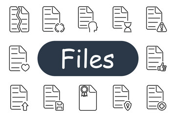 Files set icon. Broken, virus, profile, delay, warning, like, heart, upload, floppy, certificate, shield, health, secure, risk, timer.
