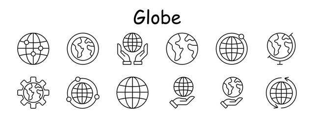 Globe set icon. Earth, hands, planet, orbit, rotation, globe gear, map, world icon, environment, global care, terrestrial, navigation, system.