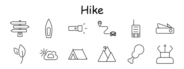 Hike set icon. Trail sign, kayak, flashlight, route, walkie-talkie, knife, leaf, sun, tent, peak, food, nature, adventure, tracking gear.