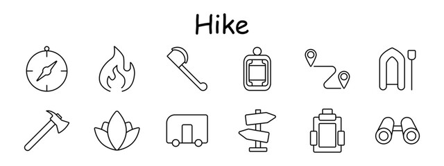 Hike set icon. Compass, flame, axe, backpack, route, boat, flower, trailer, signs, binoculars, nature, path, map, direction, outdoor gear.