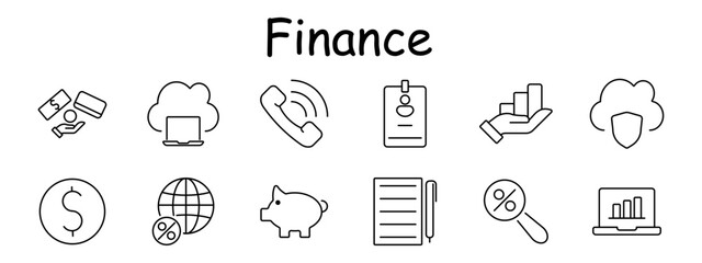 Finance set icon. Hand with money, cloud service, phone, badge, report, protection, dollar, globe, piggy bank, document, percent, laptop with graph.