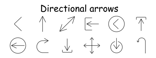 Directional arrows set icon. Left, top, circle, down, rotate, return, square, U-turn, navigation, adjustment, flow.