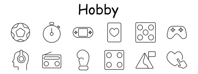 Hobby set icon. Includes ball, stopwatch, handheld console, card, gamepad, dice, headphone, radio, boxing glove, tent, heart click, line style, minimal shapes