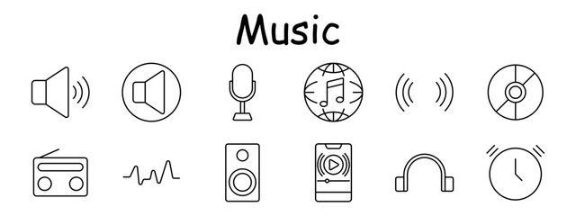 Music set icon. Includes speakers, microphone, radio, CD, wave, headphones, phone, audio signal, clock, globe, music note, outlined style, simple form