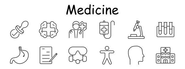 Medicine set icon. Pacifier, brain, doctor, IV drip, microscope, test tubes, stomach, form, mask, human body, head, hospital. Healthcare research, treatment, protection, anatomy