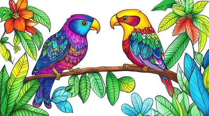 Fototapeta premium Colorful parrots on branch, tropical flowers background, coloring book, artistic design