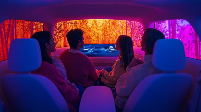 Interior of a futuristic vehicle. Passengers seated, enjoying a projected environment