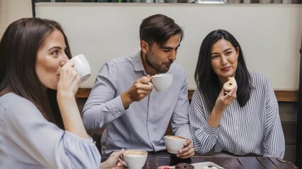 Group of friends savoring coffee and assorted donuts at a wooden table. Casual conversation and laughter create a cozy atmosphere, highlighting the joy of shared moments and delicious treats