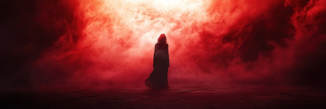 Ethereal figure amidst swirling red mist, a spectral ambiance emerges