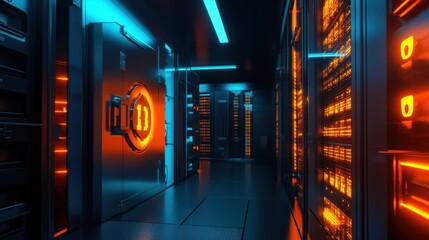 Cybersecurity Data Center, Futuristic Server Room with High-Tech Security