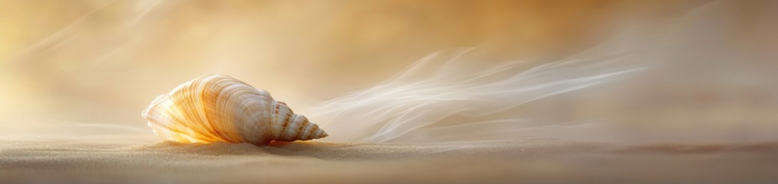 Ethereal seashell portrait on golden sand evoking peace and tranquility