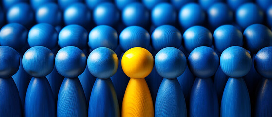 Closeup of one single yellow human shape (wooden figurine) among a large group of blue ones. Standing out from the crowd, thinking outside the box, leadership and individuality concept. Generative Ai.